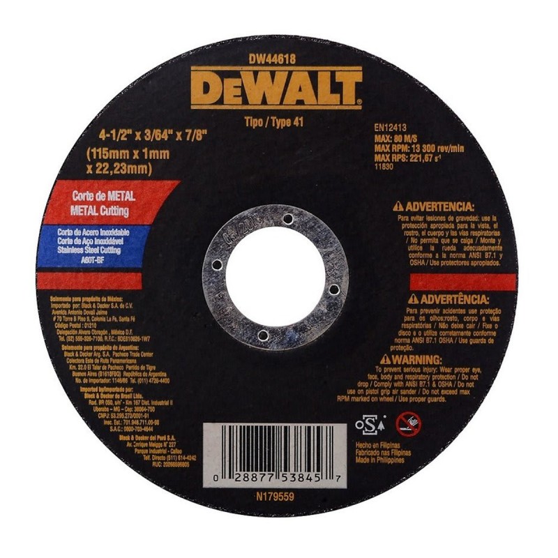 Disco Abrasivo Corte Inox 4-1/2" x 3/64" (1mm) Dewalt