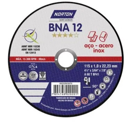 [66252846557] Disco Abrasivo Corte Metal Extra Fino 4-1/2"(115mm) x 3/64"(1mm) x 7/8" BNA12 Norton